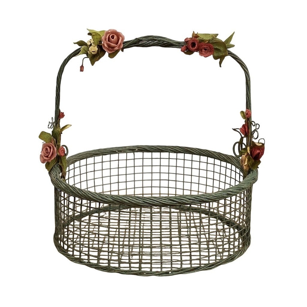 Vintage Shabby Chic Wire Basket Floral Handle Rustic Metal Cottagecore Décor‎